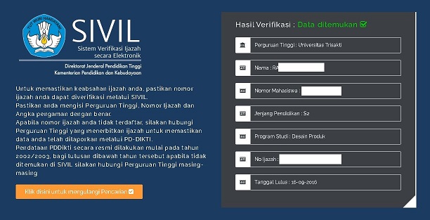 verifikasi data ijazah di sivil